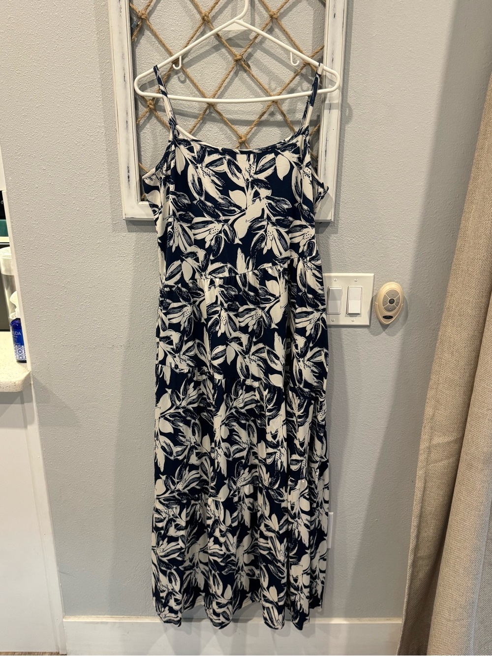 Navy and White Floral Maxi Dress with Spaghetti Straps and Pockets